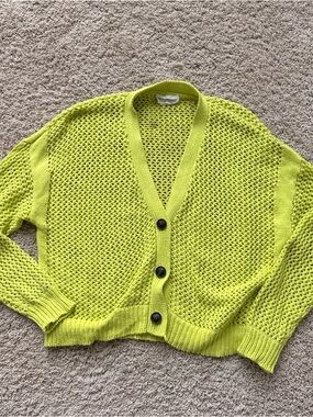 Open-Knit Neon Green Button Cardigan Sweater